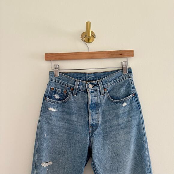 Levi's 501 Distressed High Rise Button-Fly Denim Straight Jeans Blue 24 - Picture 2 of 10